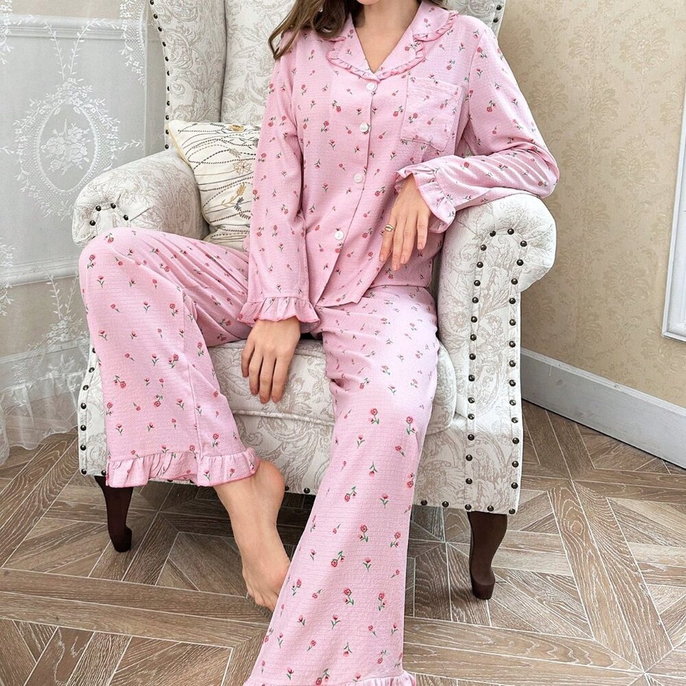 Pink Romantic Women's Cozy Elegant Floral Bubble Ruffle Sleepwear Pajama Set - Picture 5 of 6